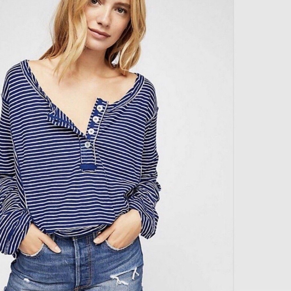 Free people with a free, navy, blue, striped oversize Henley